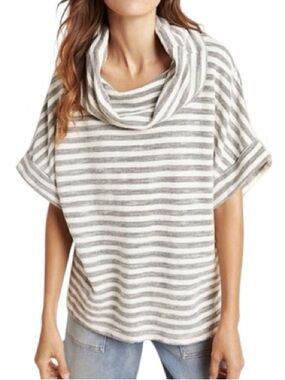 T. La Anthropologie Small Striped Cowl Neck Sweater Gray Cozy Chic Minimalist